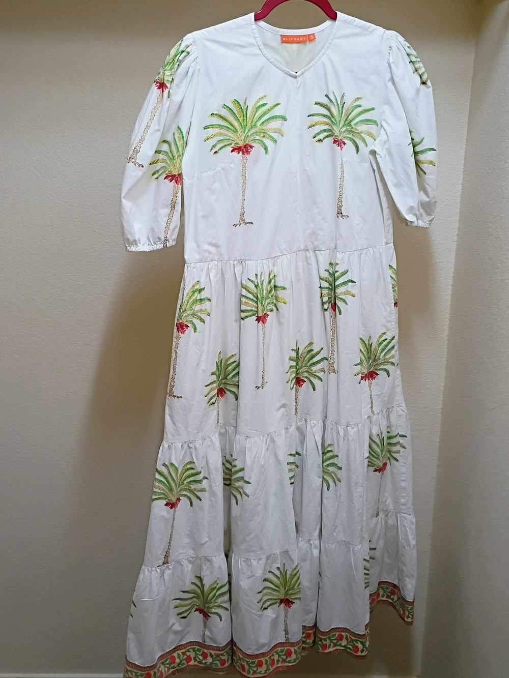 Oliphant White Palm-Print Tiered Maxi Dress with Green and Red Accents